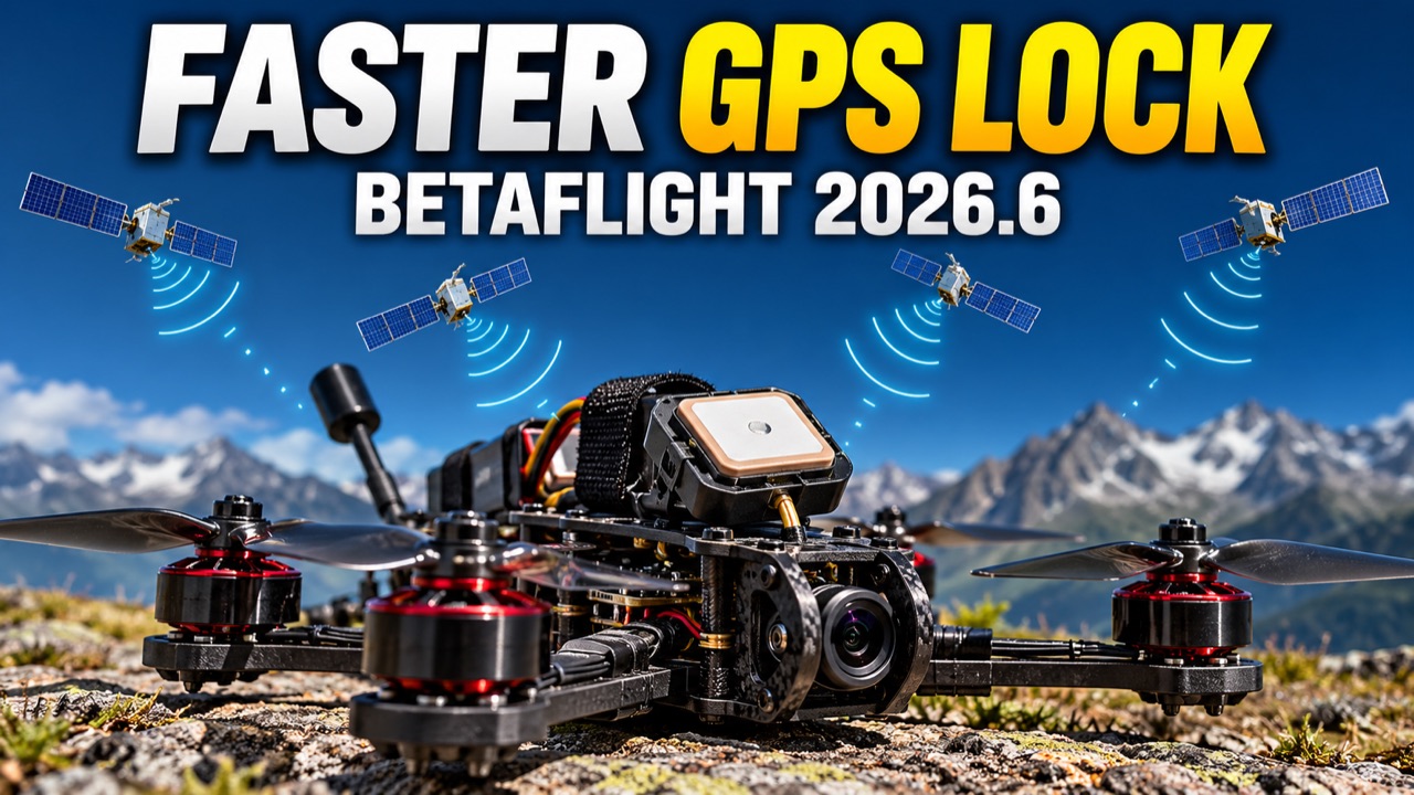 FPV quadcopter beneath illustrated satellite signals. Faster GPS Lock, Betaflight 2026.6.