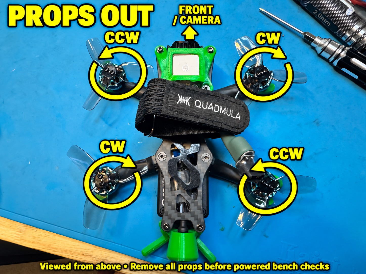 Top Hat photo with props-out arrows: front left counterclockwise, front right clockwise, rear left clockwise, rear right counterclockwise